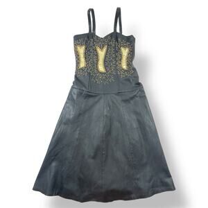 Vintage Leather Corset Dress M Black Gold Embellished Gothic Drop Waist Midi